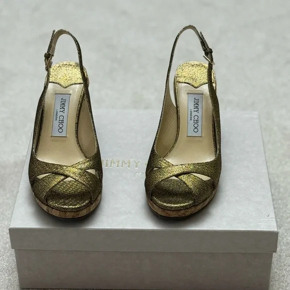 Jimmy Choo Gold Wedge Peep-Toe Sandals - Picture 2 of 6